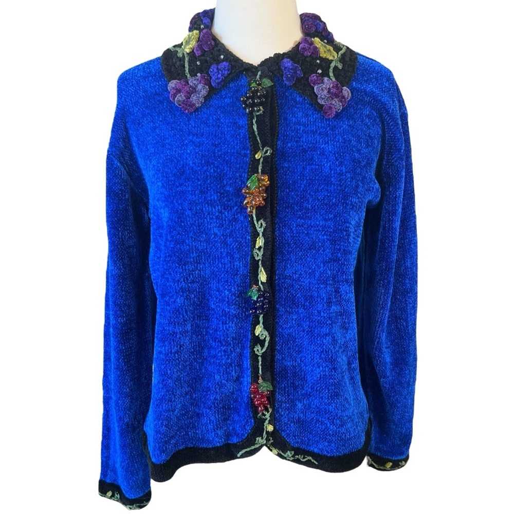 Vintage That Sweater Chenille Glass Beaded Grapes Embellished Cardigan Sweater